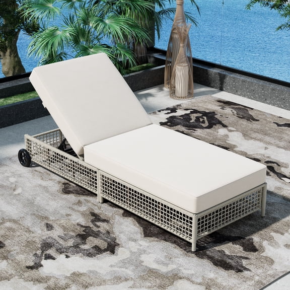 MODERNLUXE Outdoor Chaise Lounge Chair,Rattan Patio Furniture with Adjustable 5-Position Backrest,Removable Cushions & Wheels for Poolside,Garden,Patio,Deck,Creamy White+Beige