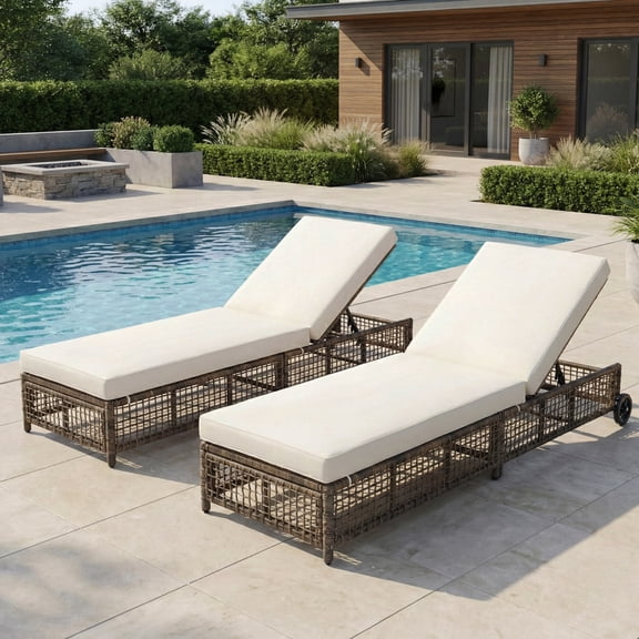 MODERNLUXE Outdoor Chaise Lounge Chair Set of 2,Rattan Patio Furniture with Adjustable 5-Position Backrest,Removable Cushions & Wheels for Poolside,Garden,Patio,Deck,Grey Brown+Beige