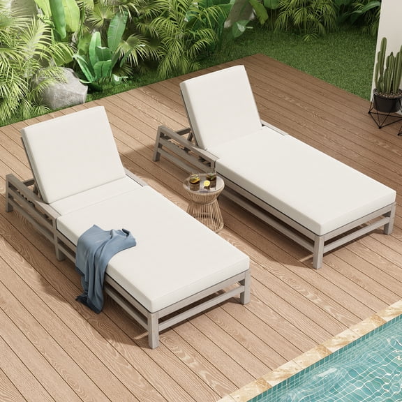 MODERNLUXE Outdoor Chaise Lounge Set of 2, 5-Position Adjustable Lounge Chair with Thick Cushion & Adjustable Backrest,Wood Patio Recliner Chair for Pool, Backyard,Balcony & Garden,Gray