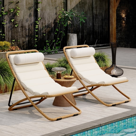 MODERNLUXE Outdoor Folding Chair Set of 2, Rattan-Wrapped Patio Chair with Adjustable Backrest, Thick Cushion & Detachable Headrest, Chaise Pool Chairs for Poolside, Beach, Backyard,Decck & Camping