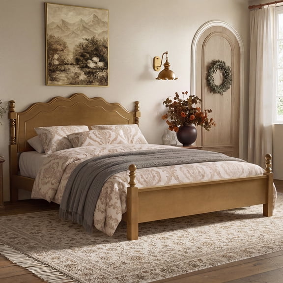MODERNLUXE Queen Bed Frame,Wooden Platform Bed with Curved Headboard and Slats Support for Bedroom,No Box Spring Needed,Dark Oak