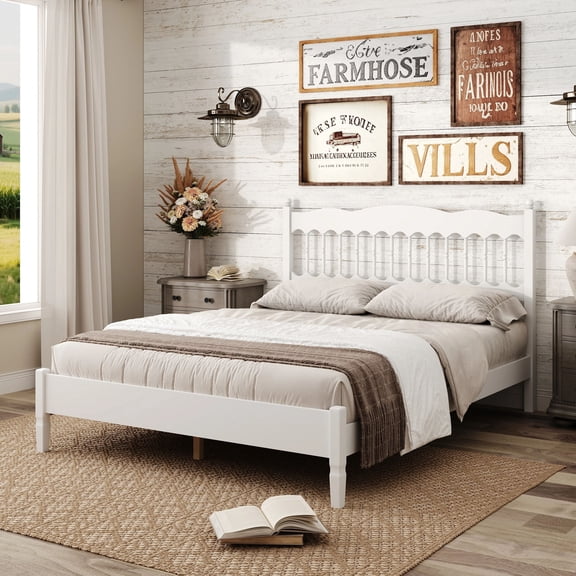MODERNLUXE Queen Size Bed Frame with Spindle Headboard, Mid-Century Modern Platform Bed with Wooden Slats Support,No Box Spring Required, Easy Assembly,White