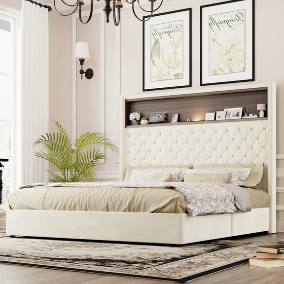 MODERNLUXE Queen Size Bed Frame with Storage Headboard and Night Light, Velvet Upholstered Tufted Platform Bed with Charging Station,52''H Wingback Headboard and Wooden Slats Support for Home,Beige