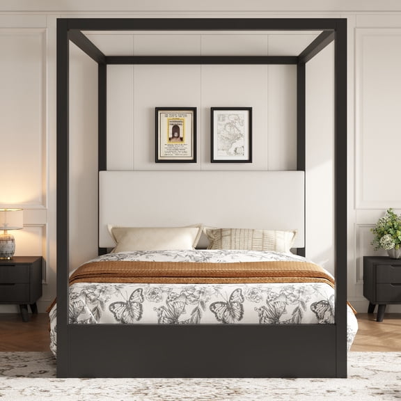 MODERNLUXE Queen Size Canopy Bed with Upholstery Headboard, Black