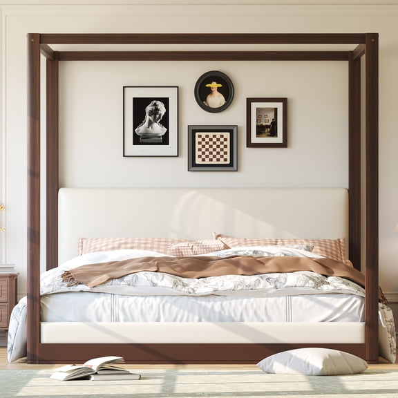MODERNLUXE Queen Size Canopy Platform Bed, Low Profile with Upholstery Headboard, Espresso
