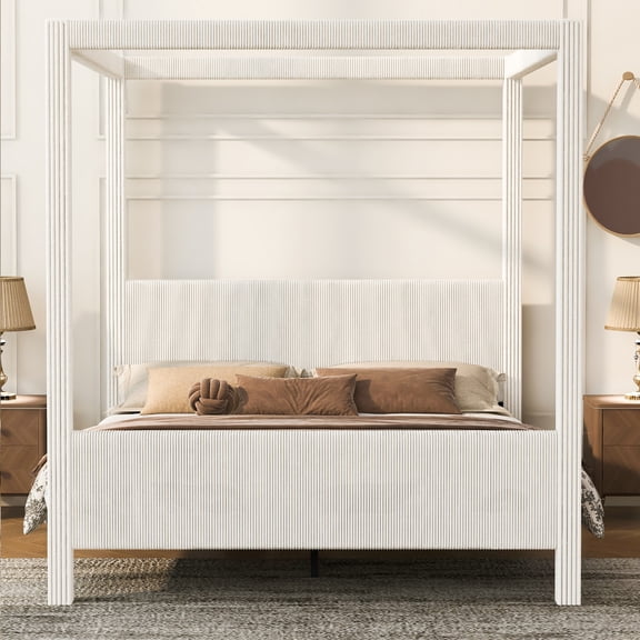 MODERNLUXE Queen Size Canopy Platform Bed, Upholstery Platform Bed Frame with Four Posters, Vertical Ribbed Corduroy Design, Beige