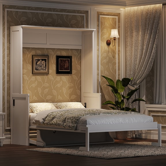 MODERNLUXE Queen Size Murphy Bed with LED Light and USB Charging Station, Wall Bed with Desktop, White
