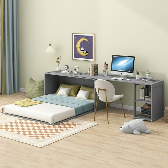 MODERNLUXE Queen Size Murphy Bed with Rotable Desk and Cabinet, Gray