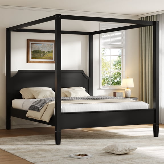 MODERNLUXE Queen Size Platform Bed, Canopy Wood Bed with Four Poster, Black