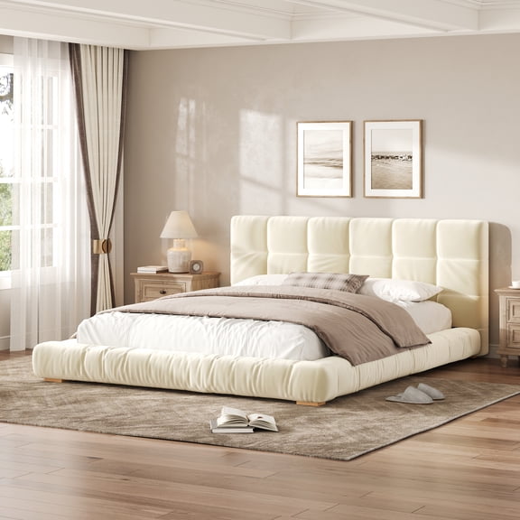 MODERNLUXE Queen Size Platform Bed, Low Profile Velvet Upholstered, Beige