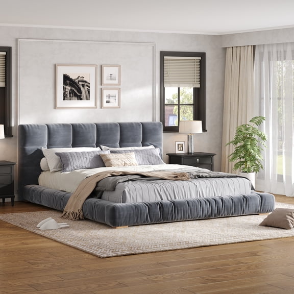 MODERNLUXE Queen Size Platform Bed, Low Profile Velvet Upholstered, Gray