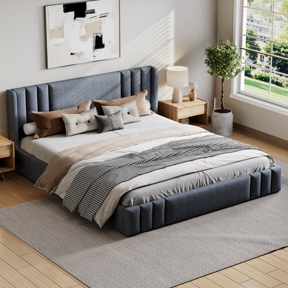 MODERNLUXE Queen Size Platform Bed, Upholstery Bed Frame, No Box Spring Needed, Gray
