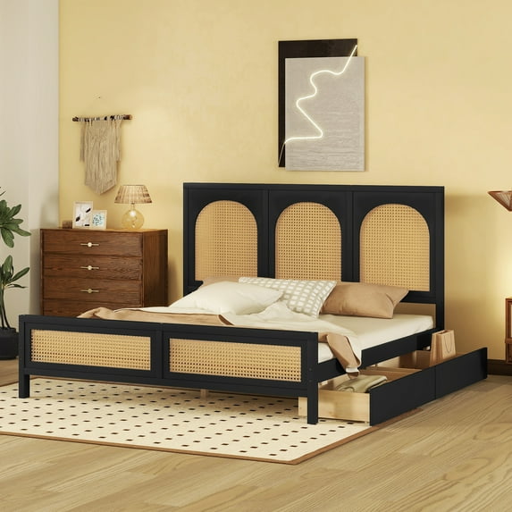 MODERNLUXE Queen Size Platform Bed with 2 Drawers, Wood Bed with Rattan Headboard, Black