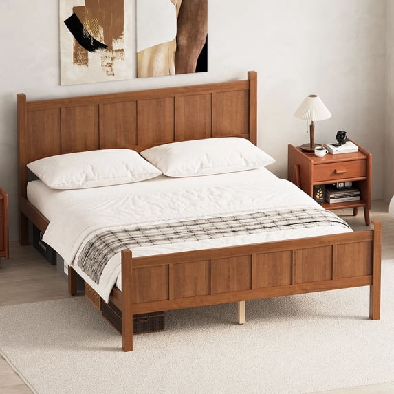 MODERNLUXE Queen Size Platform Bed with Headboard & Footboard,Solid Wood Bed Frame with Under Bed Storage for Adults Guests, Easy Assembly,Walnut