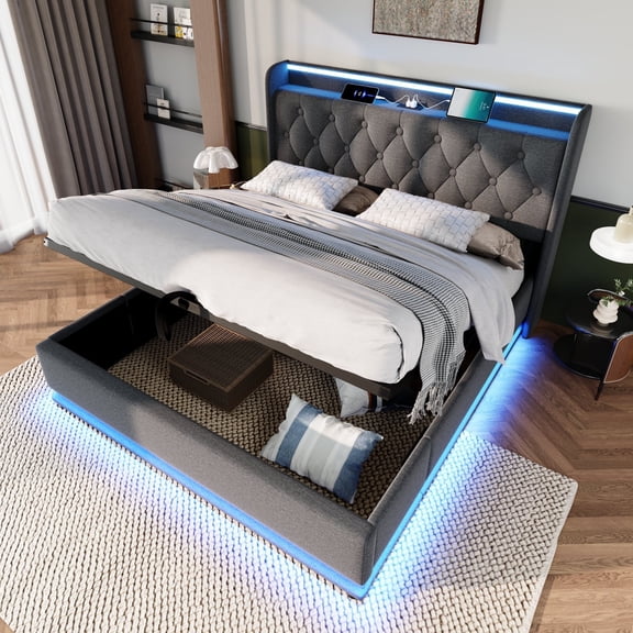 MODERNLUXE Queen Size Upholstered Bed with 360 Surround LED Lights,Hydraulic Storage Bed with Buttons,Apps,Remote Control and USB Charging Station,No Box Spring Needed,Gray
