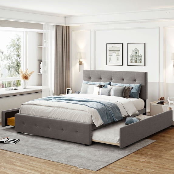 MODERNLUXE Queen Size Upholstered Platform Bed with Twin XL Trundle and 2 Drawers,Linen Fabric Solid Wood Bed Frame for Space Saving,Light Gray