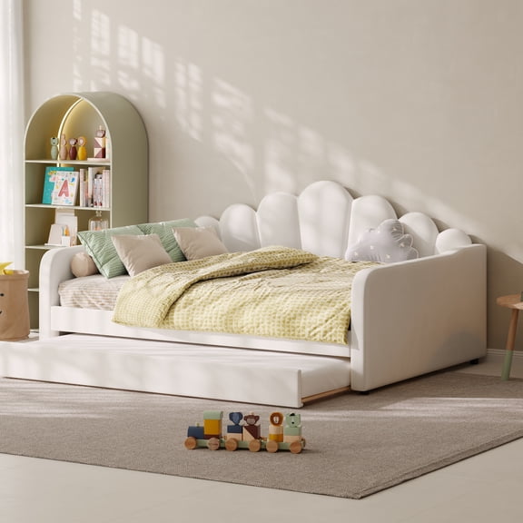 MODERNLUXE Queen Size Upholstery Daybed with Backrest and Twin Trundle, Beige