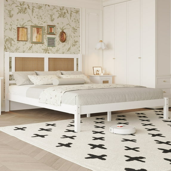 MODERNLUXE Queen Size Wood Platform Bed,Modern Bed Frame with Natural Rattan Headboard and 12 Wood Slats Support,No Box Spring Needed/Noise-Free,White