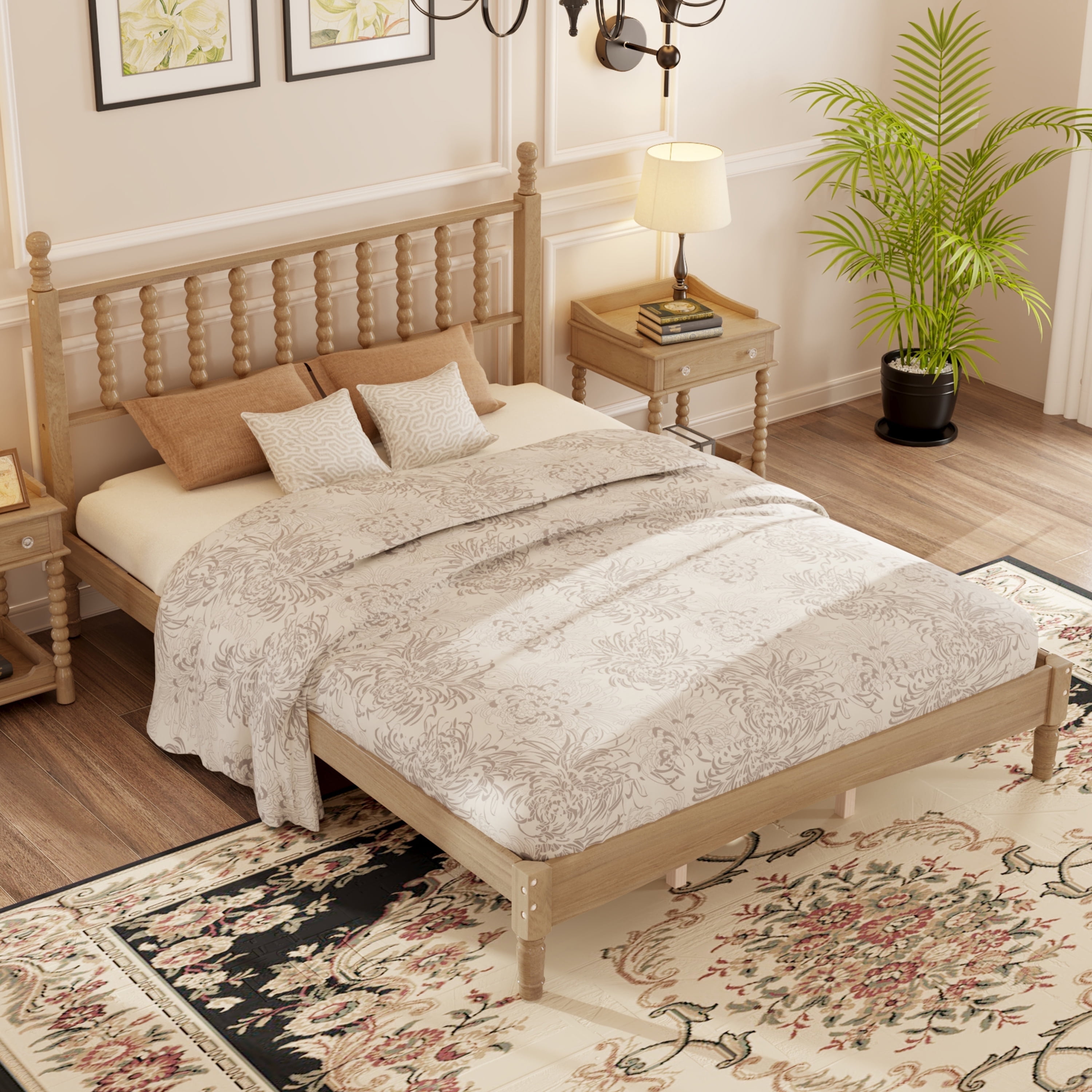 MODERNLUXE Queen Size Wood Platform Bed,Retro Bed Frame with Gourd ...
