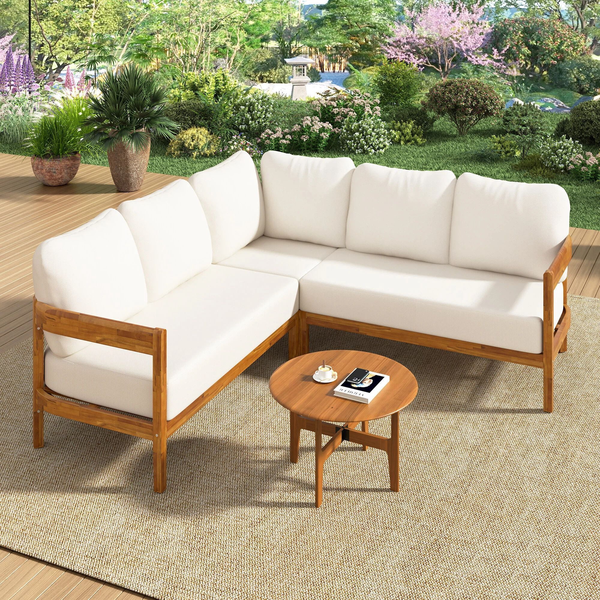 MODERNLUXE Solid Wood Patio Furniture Set,Outdoor L-Shaped Sectional ...