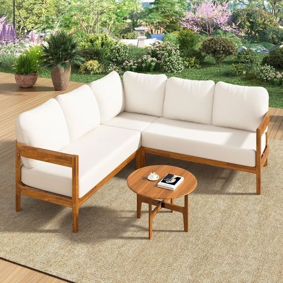 MODERNLUXE Solid Wood Patio Furniture Set,Outdoor L-Shaped Sectional Sofa with Thick Cushions & Deep Seat,All Weather Patio Conversation Sofa Set with Arc frame for Backyard, Garden,White