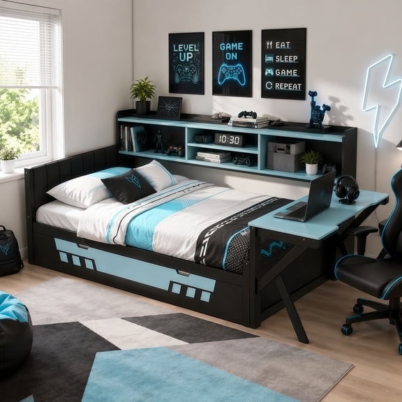 MODERNLUXE Twin Corner Bed Frame with Desk and Storage Bookcase, Gaming Bed with LED Lights & Charging Station,Space-Saving Daybed for Teens Adults,Black Blue