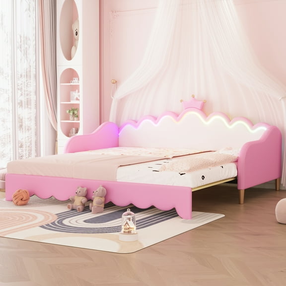 MODERNLUXE Twin Extending Daybed with LED Lights,Modern Upholstered Princess Daybed with Crown Headboard for Boys Girls,Pink