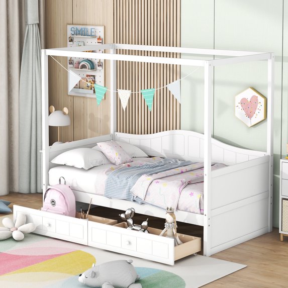 MODERNLUXE Twin Size Canopy Daybed with 2 Drawers,Wood Canopy Bed Frame with 4 Sturdy Posts,No Box Spring Needed,White