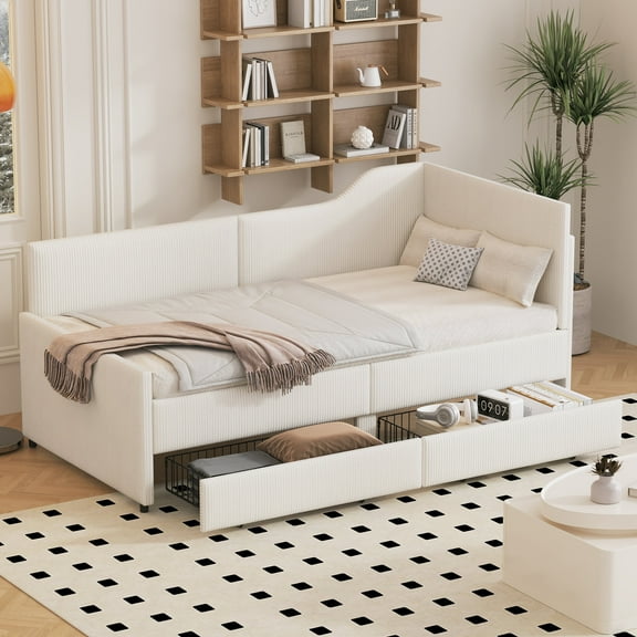 MODERNLUXE Twin Size Daybed,Upholstered L-Shaped Sofabed with 2 Storage Drawers and Wood Slat Support,Beige