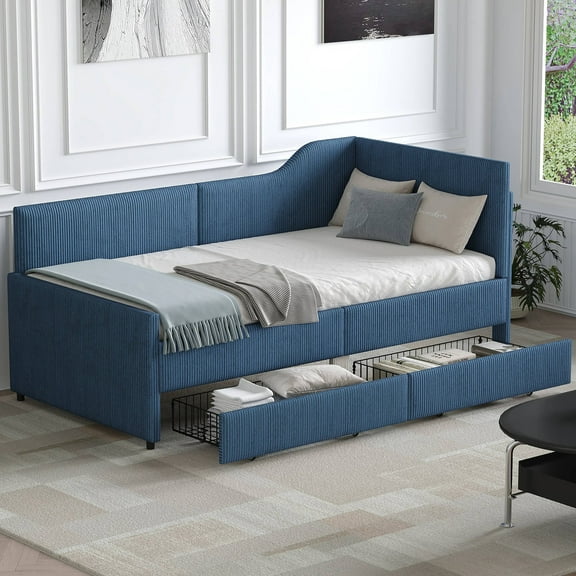 MODERNLUXE Twin Size Daybed with 2 Storage Drawers,L-Shaped Corduroy Upholstered Sofabed with Wood Slat Support,Blue