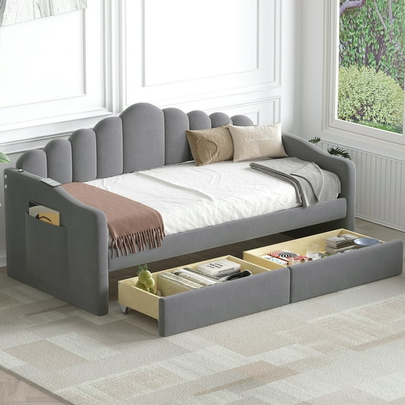 MODERNLUXE Twin Size Daybed with 2 Storage Drawers,Velvet Upholstered Sofabed with Charging Station,2 Side Pockets and Wood Slats Support,Twin Size Bed Frame,No Box-spring Needed,Gray
