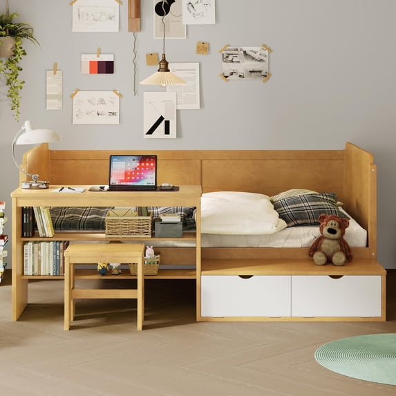 MODERNLUXE Twin Size Daybed with Stool,Wooden L-Shaped Bed Frame with 2 Shelves and 2 Storage Cabinets,Natural