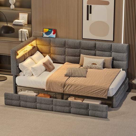 MODERNLUXE Twin Size Daybed with 2 Drawers,L-Shaped Day Bed Frame with LED Lights,Charging Station and Storage Headboard,No Box Spring Needed,Gray