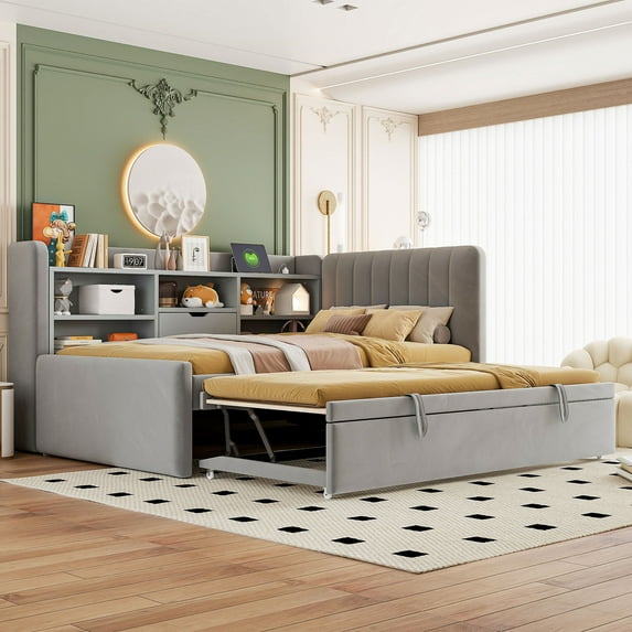 MODERNLUXE Twin Size Daybed with Trundle, L-Shaped Platform Bed Frame with Storage Shelves,USB Ports & Outlet, Twin Corner Bed for Living Room,Gray