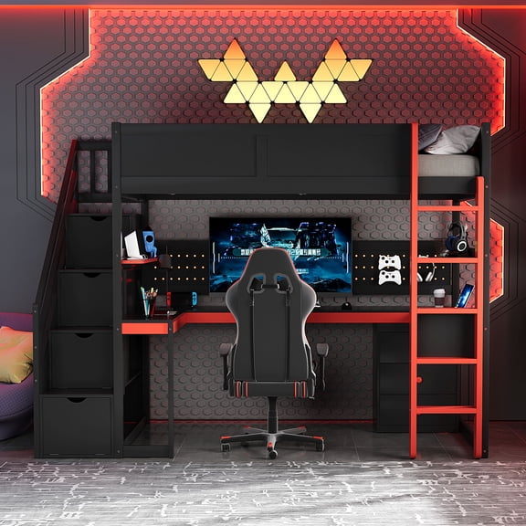 MODERNLUXE Twin Size Gaming Loft Bed with Desk and Storage Stairs,Wooden Loft Bed Frame with Shelves,Safety Guardrails & Pegboard for Teens & Adults,Black Red
