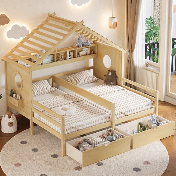 MODERNLUXE Twin Size House Bed with 2 Shared Beds Side by Side, Double Twin Bed Frame with Built-In Bookshelf & 2 Under-Bed Storage Drawers for Girls,Boys,Natural