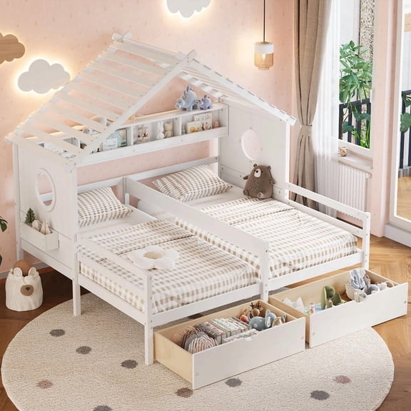 MODERNLUXE Twin Size House Bed with 2 Shared Beds Side by Side, Double Twin Bed Frame with Built-In Bookshelf & 2 Under-Bed Storage Drawers for Girls,Boys,White