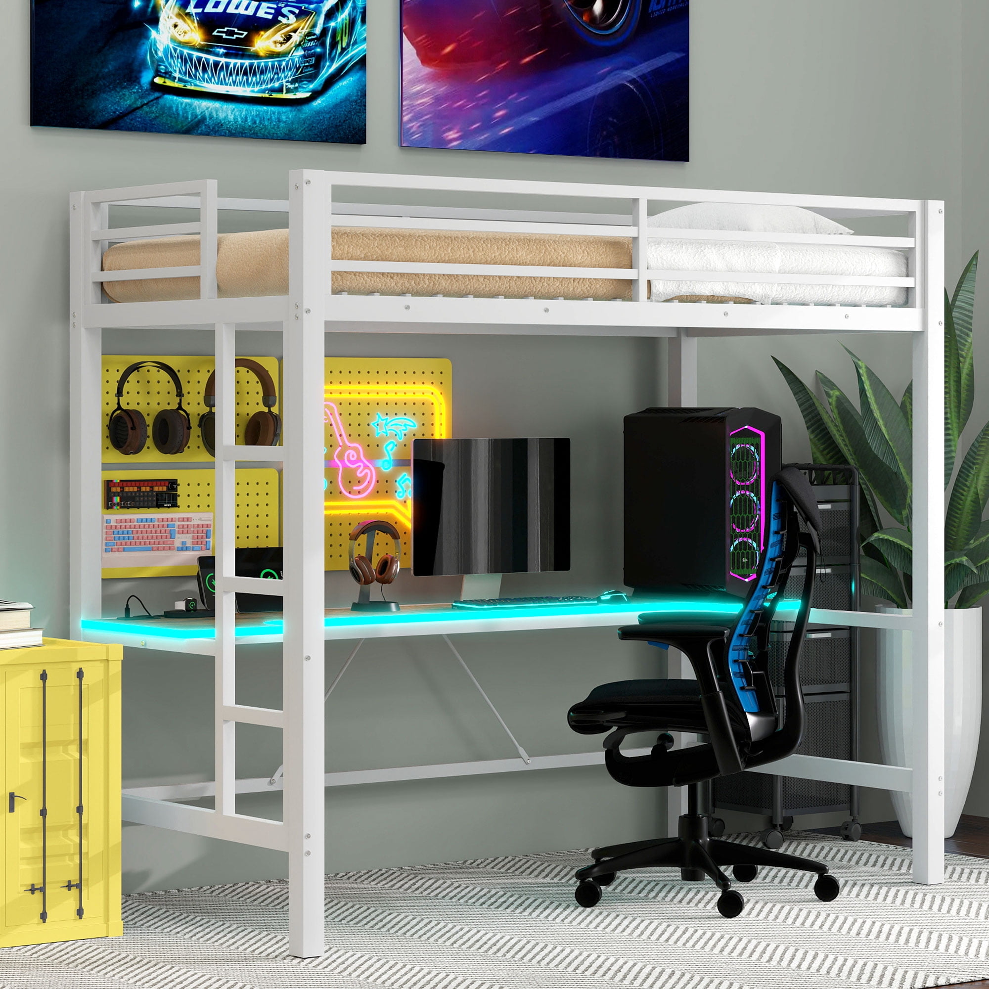 MODERNLUXE Twin Size Loft Bed with Desk and Shelves, Metal Gaming Bed ...