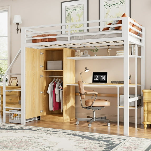 MODERNLUXE Twin Size Metal Loft Bed with Desk and Wardrobe, Storage Shelves and Staircase, White