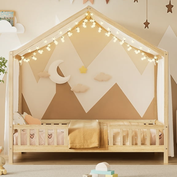 MODERNLUXE Twin Size Montessori Floor Bed with Canopy,House Bed Frame with High Railings and Roof,Wood Tent Bed for Teens Girls & Boys,Natural