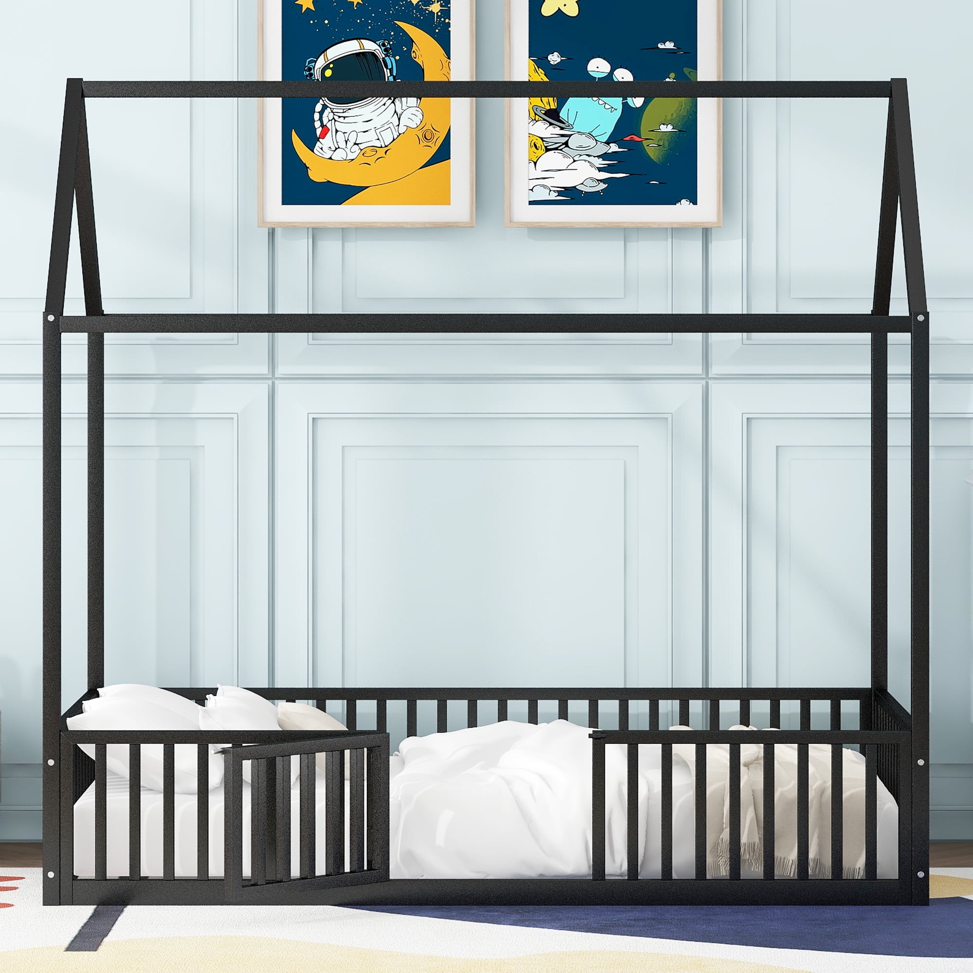 MODERNLUXE Twin Size Platform Bed Frame, House Floor Bed with Fence and Door, Black