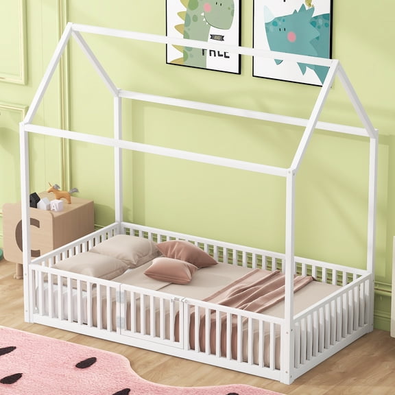 MODERNLUXE Twin Size Platform Bed Frame, House Floor Bed with Fence and Door, White