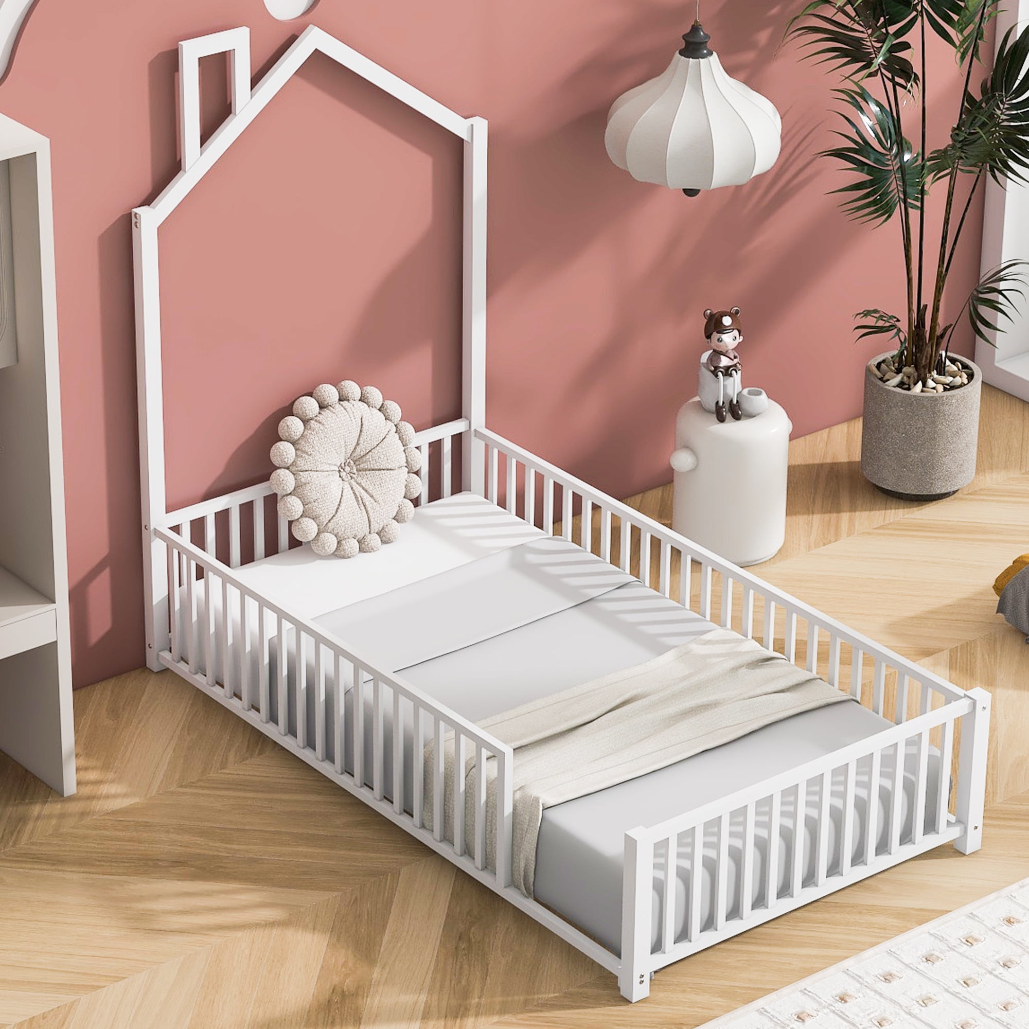 MODERNLUXE Twin Size Platform Bed Frame, House Floor Bed with Guardrail and Chimney, White
