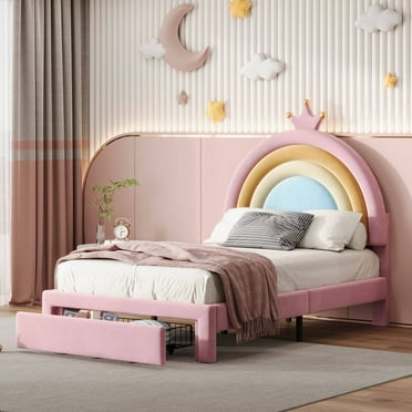 MODERNLUXE Twin Size Platform Bed Frame,Velvet Upholstered Rainbow Bed Frame with 2 Storage Drawers and Wooden Slats Support,No Box Spring Needed,Easy Assembly,Pink