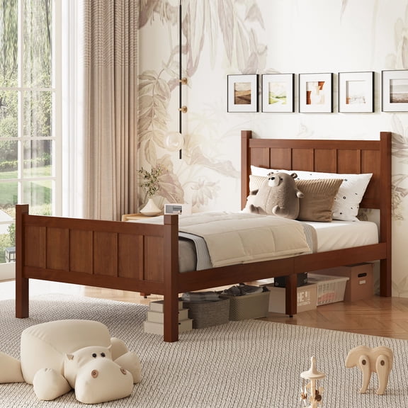 MODERNLUXE Twin Size Platform Bed with Headboard & Footboard,Solid Wood Bed Frame with Under Bed Storage for Teens Adults Guests, Easy Assembly, Dark Walnut