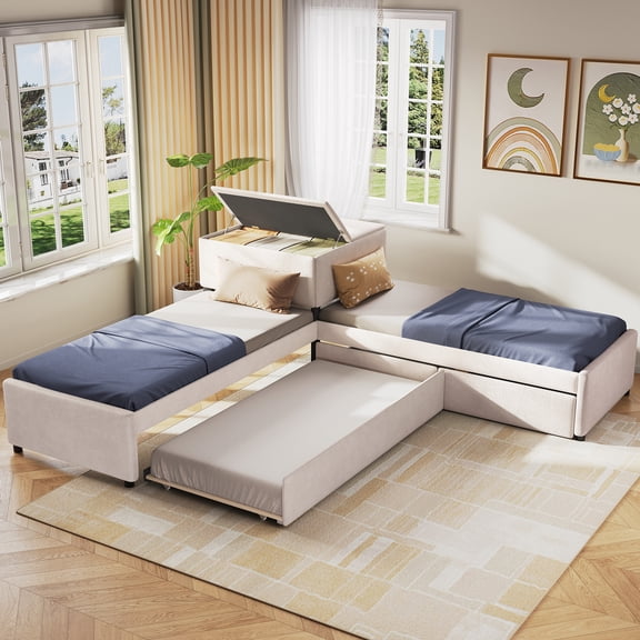 MODERNLUXE Twin Size Platform Bed with Desk, 3 Beds in 1 with Desk and Drawers, Beige