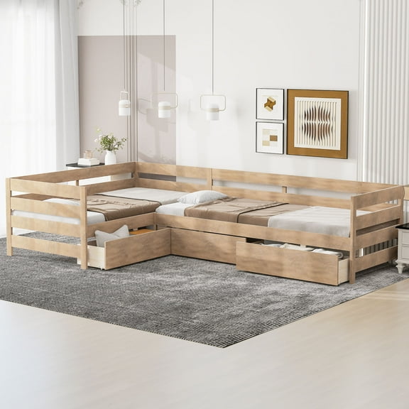 MODERNLUXE Twin Size Platform Bed with Drawers, L Shaped 2 Beds in One, Natural