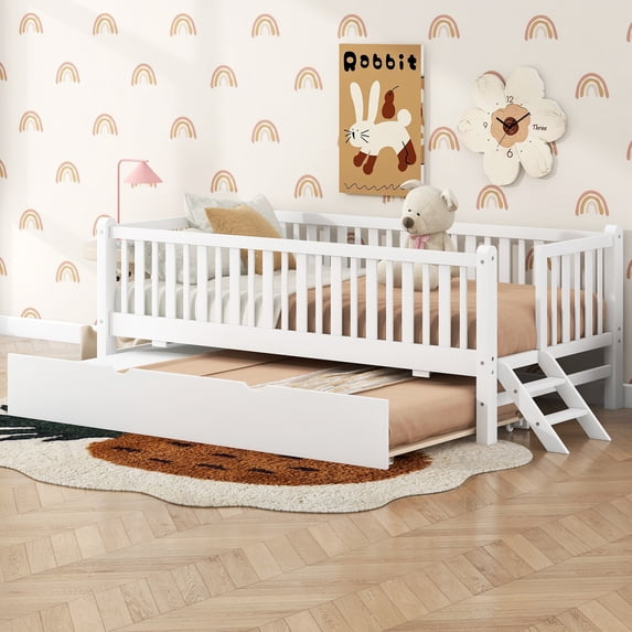 MODERNLUXE Twin Size Platform Bed with Trundle, Low Profile Bed with Guardrails, White