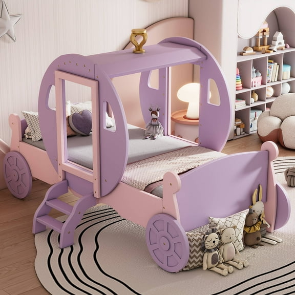 MODERNLUXE Twin Size Princess Bed Frame,Wood Carriage Bed with Crown and Stair,Car Platform Bed for Home,Purple+Pink