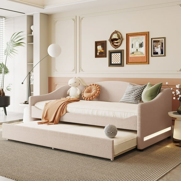 MODERNLUXE Twin Size Upholstered Daybed with Trundle,Teddy Fleece Sofa Bed with Light for Living Room Bedroom,Beige